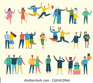 People, friends celebrating New Year party vector illustration. Cool vector flat character design on New Year or Birthday party with male and female characters having fun, jumping and having a toast 