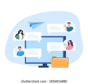 People friends character chatting together. Online communication concept. Vector flat graphic design illustration