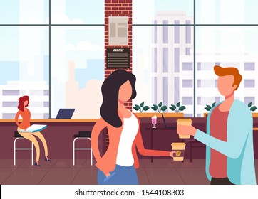 Personajes amigos de la gente tomando café en la cafetería. El concepto de descanso para el café. Ilustración de diseño gráfico plano vectorial