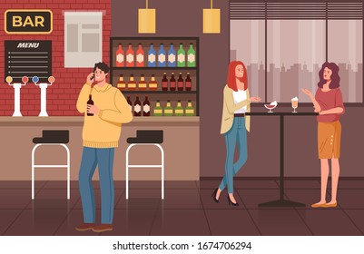 People friends characters having fun in bar. Vector flat graphic design illustration