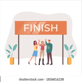 People friends characters man woman happy celebration crossing finish line. Vector flat graphic design illustration