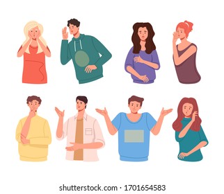 People Friends Characters Tell Rumors Gossip. Vector Flat Cartoon Graphic Design Illustration Set Collection