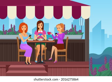 People friends eat in cafe vector illustration. Cartoon girls characters sitting in street outdoor cafe together, young woman eating, drinking coffee and taking selfies with mobile phone background