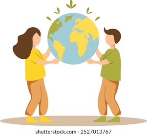 People are friends of ecology with the globe, saving the planet, protecting and caring for the environment. Concept of environmental awareness and sustainability.