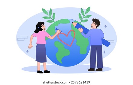 People are friends of ecology with the globe, saving the planet, protecting and caring for the environment. Concept of environmental awareness and sustainability.