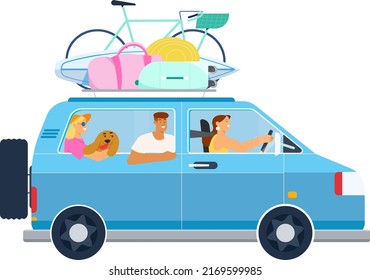 People, friends or family with a dog going on road trip in a car with luggage on the roof, summer vacations concept. Flat vector illustration isolated on white background