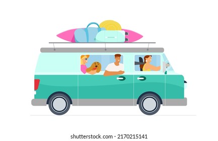 People, friends or family with a dog going on road trip in retro van with luggage on the roof, summer vacations concept. Flat vector illustration isolated on white background