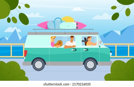 People, friends or family with a dog going on road trip in retro van with luggage on the roof, summer vacations concept. Flat vector illustration, mountains and sea background