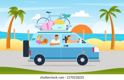 People, friends or family with a dog going on road trip in car with luggage on the roof, summer vacations concept. Flat vector illustration on tropical background