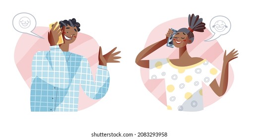 People friends or family talk, call on mobile phone vector illustration set. Cartoon happy man woman character talking on cellphone with emoticon emoji inside chat message bubbles isolated on white