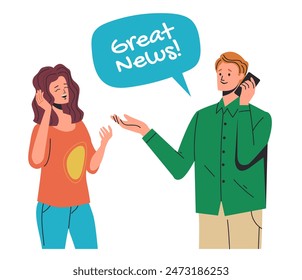 People friends getting good news concept. Vector flat graphic design illustration