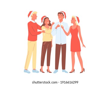 People friends party celebration vector illustration. Cartoon young happy man woman characters celebrate New Year holiday, holding champagne drink glasses and standing together isolated on white