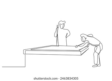 people friends playing billiards having fun lifestyle one line art design vector