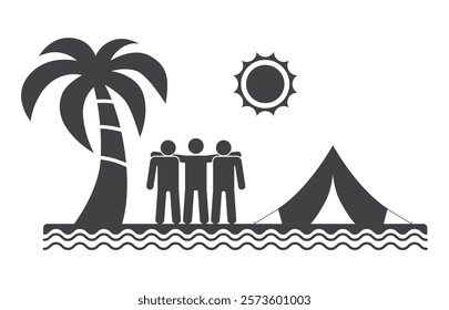 people friends turist with tent camp travel  on tropical palm tree island icon