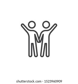 People friendship line icon. linear style sign for mobile concept and web design. Two friends with raised hands outline vector icon. Symbol, logo illustration. Vector graphics