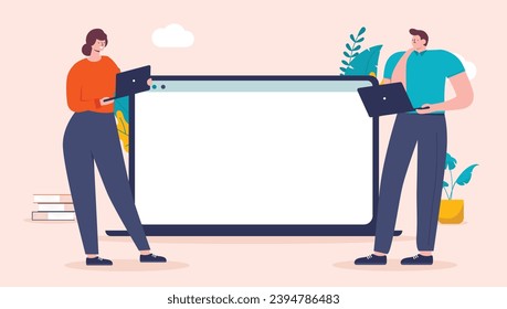 People in front of blank computer screen - Business man and woman standing with laptops, and big empty screen in background. Flat design vector illustration