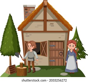 People in front of the house illustration