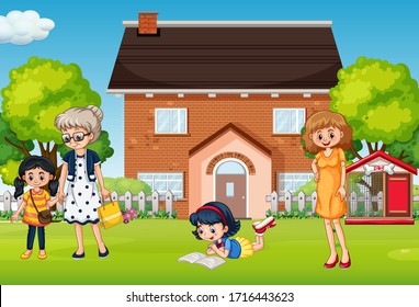 People at the front yard illustration