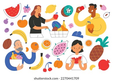 People and fruit collection, senior person buys healthy food in grocery store, children, teenager eating watermelon, young woman with shopping cart full of various tropical fruit, flat vector