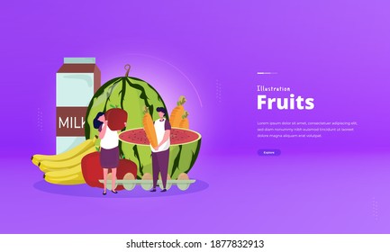 People with fruits illustration concept,  People like to eat healthy fruits