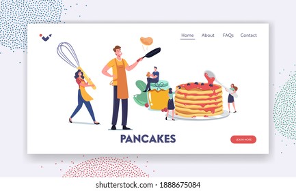 People Frying Flapjacks Landing Page Template. Tiny Male and Female Characters Cooking and Eating Homemade Pancakes. Man and Woman Wearing Aprons with Huge Kitchen Tools. Cartoon Vector Illustration