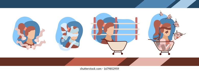 People with full carts are buying everything in the store. Empty shelves in supermarkets, no toilet paper, no food, water. Shortage of goods in hypermarkets. Set of vector flat cartoon illustration.