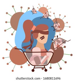 People with full carts are buying everything in the store. Empty shelves in supermarkets, no toilet paper, no food, water. Shortage of goods in hypermarkets. Set of vector flat cartoon illustration.