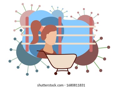 People with full carts are buying everything in the store. Empty shelves in supermarkets, no toilet paper, no food, water. Shortage of goods in hypermarkets. Set of vector flat cartoon illustration.