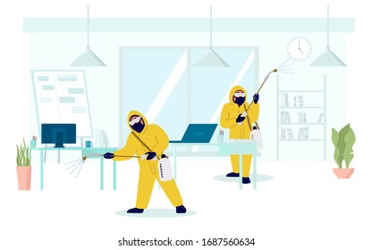 People In Full Hazmat Suits Carrying Out Preventive Office Disinfection, Vector Flat Illustration. Preventing Spread Of Coronavirus Disease COVID-19. Coronavirus Cleaning And Disinfection Services.