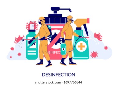 People in full hazmat suits carrying out preventive disinfection to decontaminate areas affected by novel coronavirus 2019-nCoV vector flat illustration. Coronavirus cleaning and disinfection services