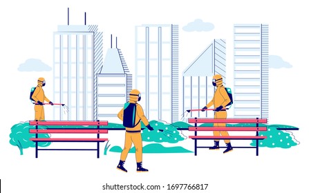 People in full hazmat suits disinfecting city park street due to coronavirus pandemic, vector flat illustration. Corona virus cleaning and disinfection services. Virus respiratory disease prevention.