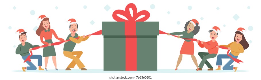 People are fun to open a big gift box - Christmas party - Vector Illustration