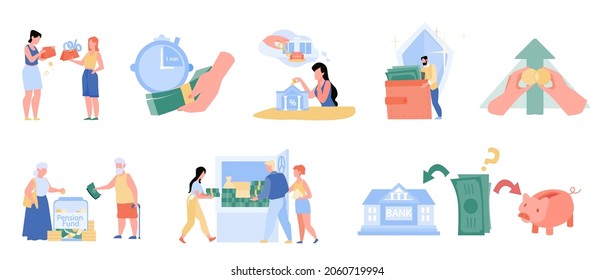 People And Fund Solution, Budget Planning, Money Saving, Bank Deposit, Retirement Investment Set. Young And Old Character Manage Finance Vector Illustration