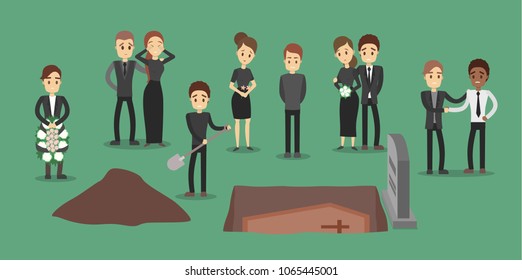 People at funeral set. Burying the coffin.
