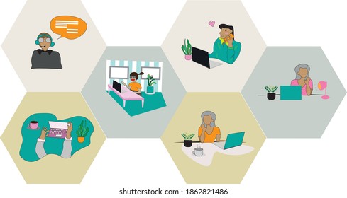 People funny cartoon in turquoise  during covid-19, ideas for business, self- employed, freelance, funny icon, clipart, 