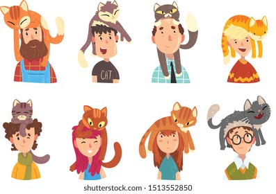 People with funny cats sitting on their heads set, adorable pets and its owners vector Illustrations on a white background