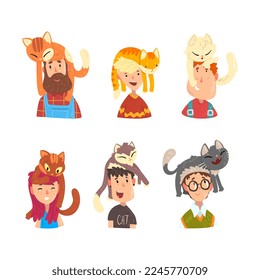 People with Funny Cats Sitting on Their Heads Vector Set