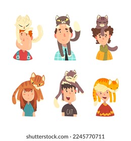 People with Funny Cats Sitting on Their Heads Vector Set