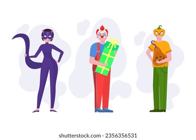 People in funny Halloween costumes vector illustration. Cat woman, clown and carved pumpkin masks for party or masquerade. Halloween, holiday, accessory concept