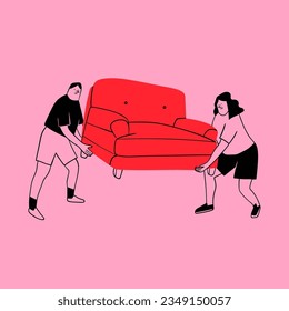 People with furniture. Movers carrying sofa or couch. Cute characters. Cartoon style. Hand drawn Vector isolated illustration. Relocation, moving, permutation concept. Poster, print, logo template