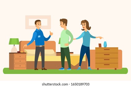 People in furniture store looking for new goods for home. Bed and bedside tables, reading lamp and vase, carpet and frame vector illustration flat style
