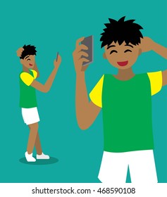 People with Gadget Set, Black Boy Selfie Cartoon Vector Illustration