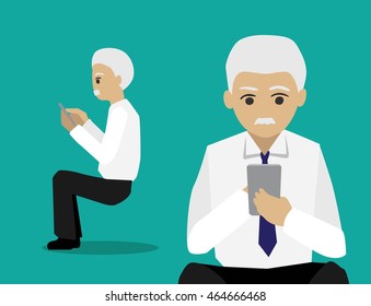 People with Gadget Set, Oldman using Smartphone Cartoon Vector Illustration