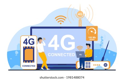 People with gadget use high speed internet. Network solution for work and home video stream or signal transfer. Flat abstract metaphor cartoon vector concept design isolated on white background.