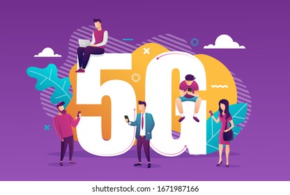 Las personas con gadget utilizan ilustraciones vectoriales de Internet de alta velocidad. Tecnología inalámbrica de red 5G. Hombre pequeño y gran señal 5G. Estilo de caricatura plano. Ilustración del vector EPS 10