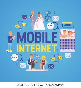 People gadget vector man woman character looking at mobile phone illustration backdrop of adults with device smartphone cellphone laptop background.