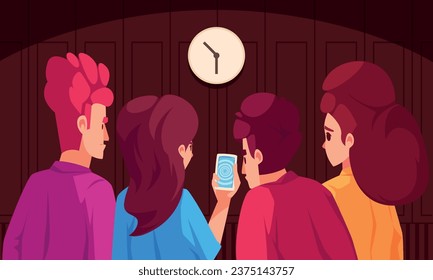 Cartoon-Komposition von Menschen und Gadgets mit Teens, die auf einem Smartphone-Bildschirm mit abstrakter, flacher Vektorgrafik zusammensehen