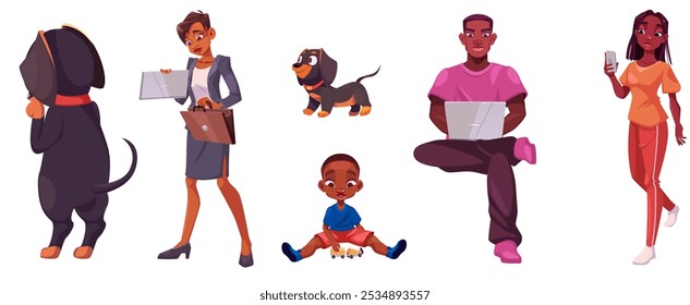 People with gadgets, child and dogs set isolated on white background. Vector cartoon illustration of African man and woman using laptop and tablet, girl with smartphone, boy playing toys, cute puppies