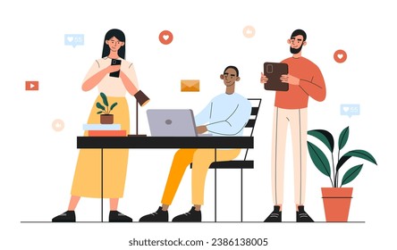 People with gadgets concept. Men and woman with tablets Gadgets and devices. Communication in social networks and messengers. Cartoon flat vector illustration isolated on white background