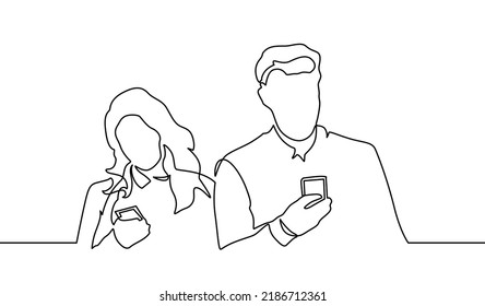 People with Gadgets Continuous Line Art. Man and Woman Using Smartphones One Line Silhouette. Mobile Technologies. Vector illustration. 